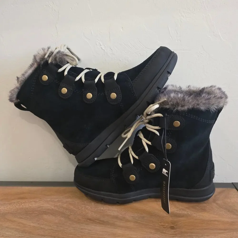 SOREL Explorer Joan Black Suede Waterproof Winter Boots Faux Fur Women Size 6.5